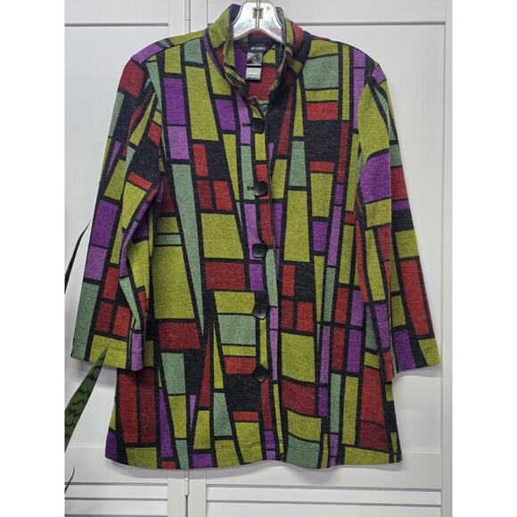 ALI MILES Jacket Blazer Swing 3/4 Sleeve Geometric Print Artsy Button Front Med. - Picture 1 of 6